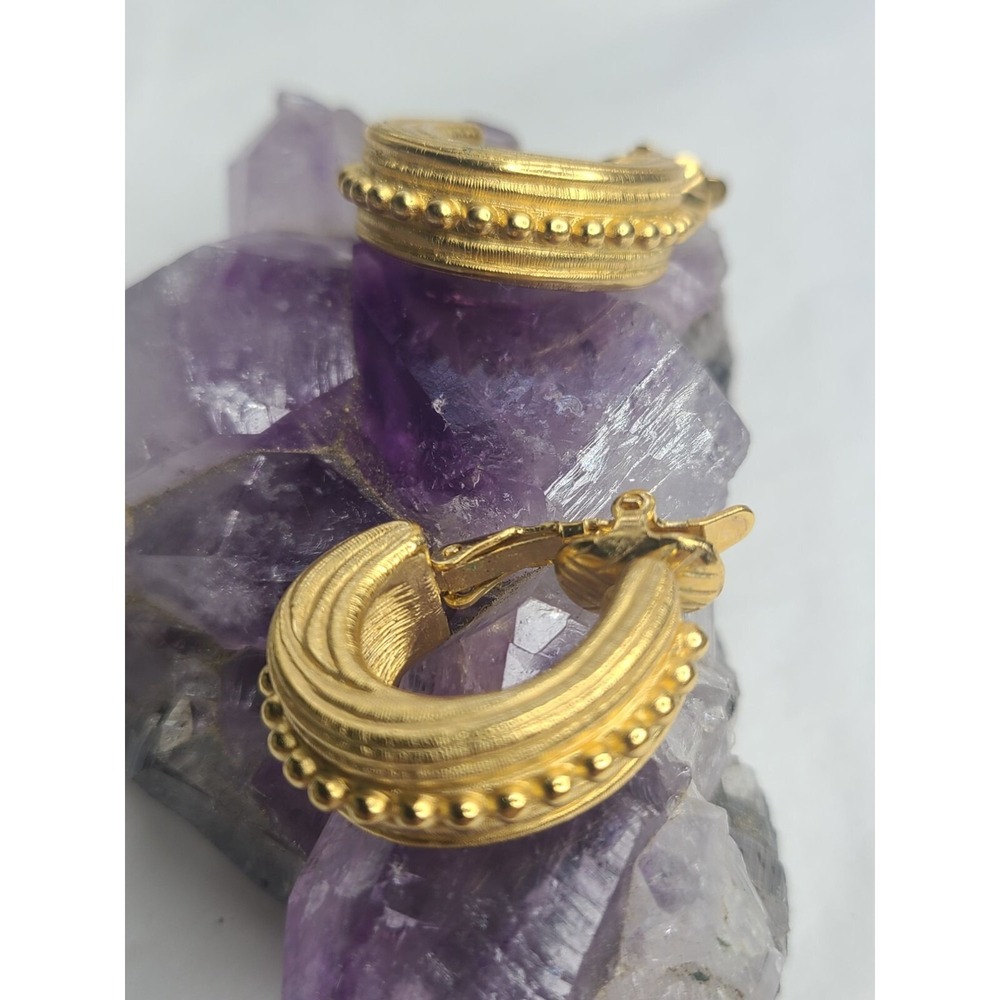 Vintage High Quality Textured Gold Hoop Clip On Earrings With Beaded Detail